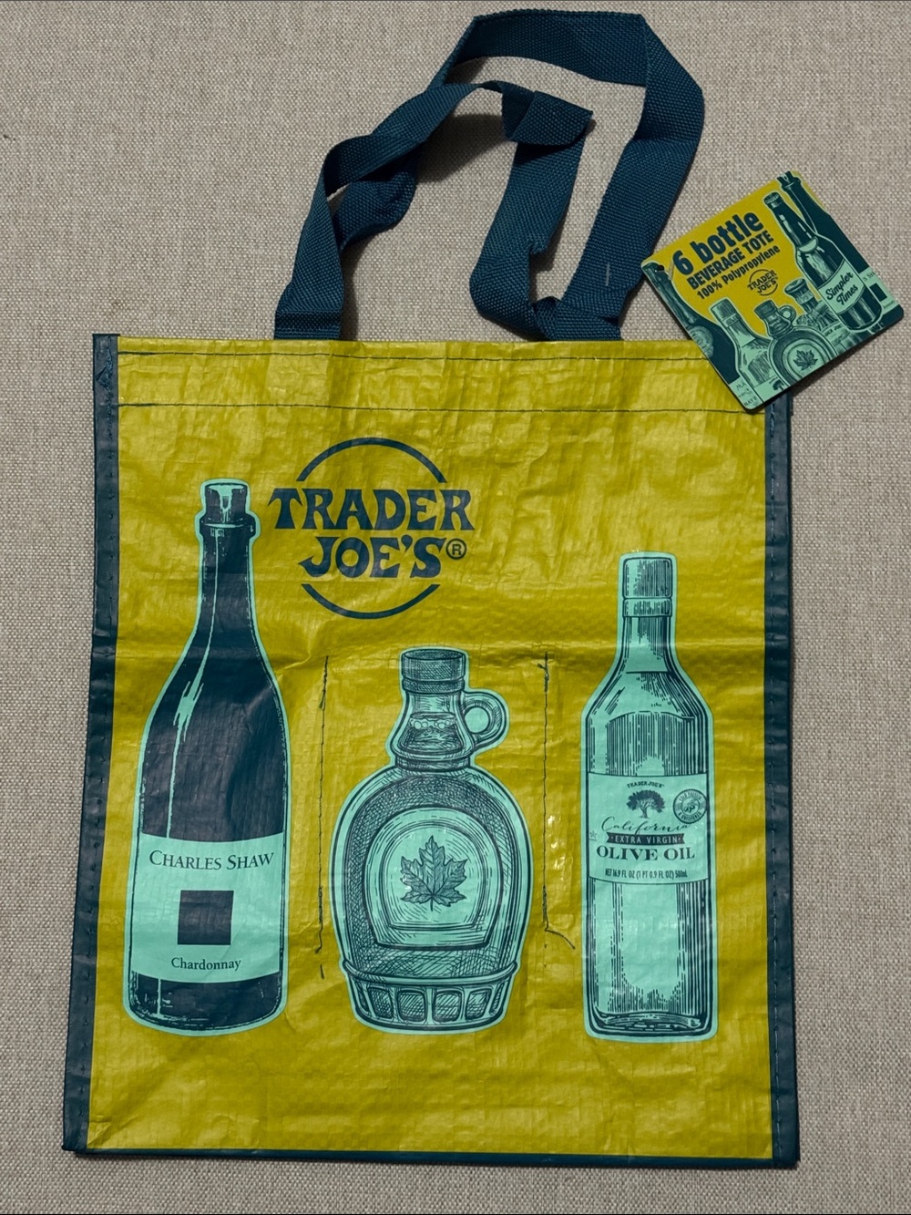 NWT Trader Joe’s Reusable 6 Bottle Beverage Tote-Olive Green/Blue-Polypropylene